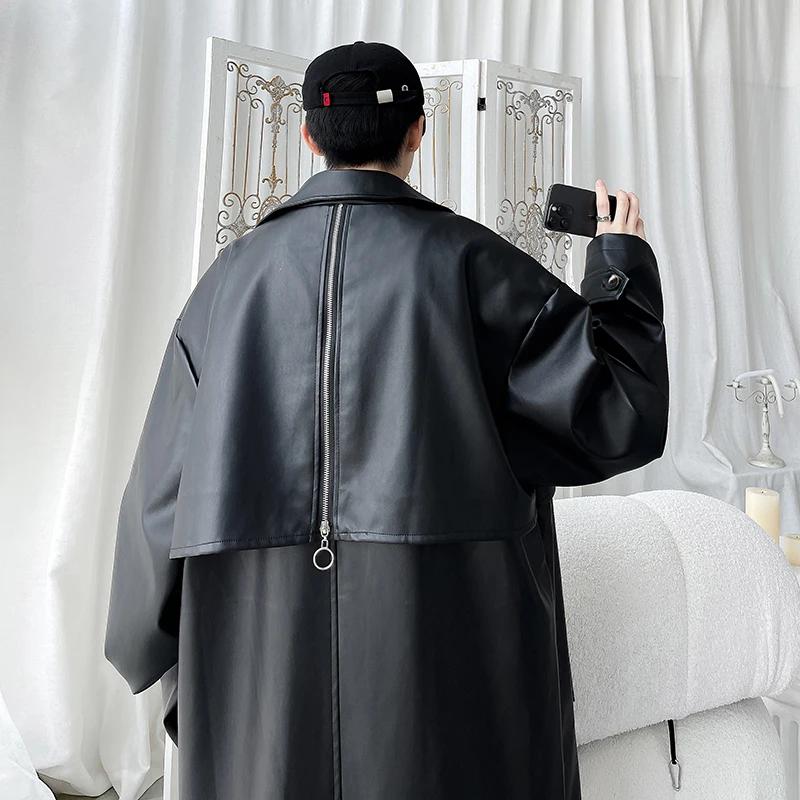 Autumn Men Long Black Pu Leather Jacket Men Oversized Cool Trench Coat Men Windbreaker Streetwear Double Breasted Luxury Clothes