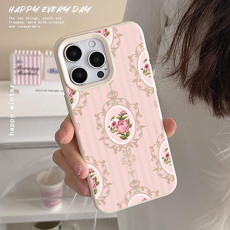 Vertical Pink Striped Background Rose Flower Cluster Patterns Phone Case For iPhone 17 16 Pro Max 15 14 Plus 13 12 Pro 11 Cover