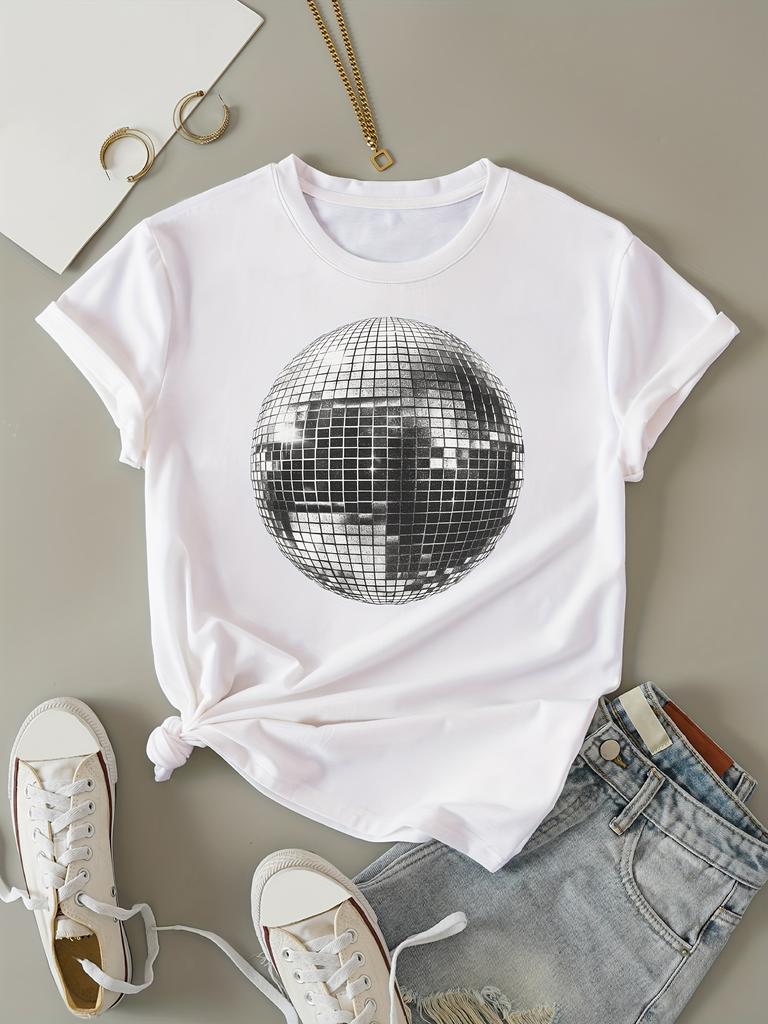 Women's Clothing Disco Ball Print Crew Neck T-shirt Short Sleeve Casual Travel Tops Summer Spring Women's Couple Olympic Top