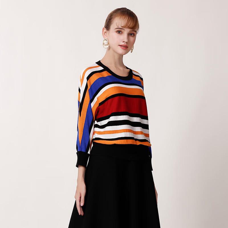 Anlom Women's Round Neck Striped Mulberry Silk Blend 3/4 Sleeve Knit Top