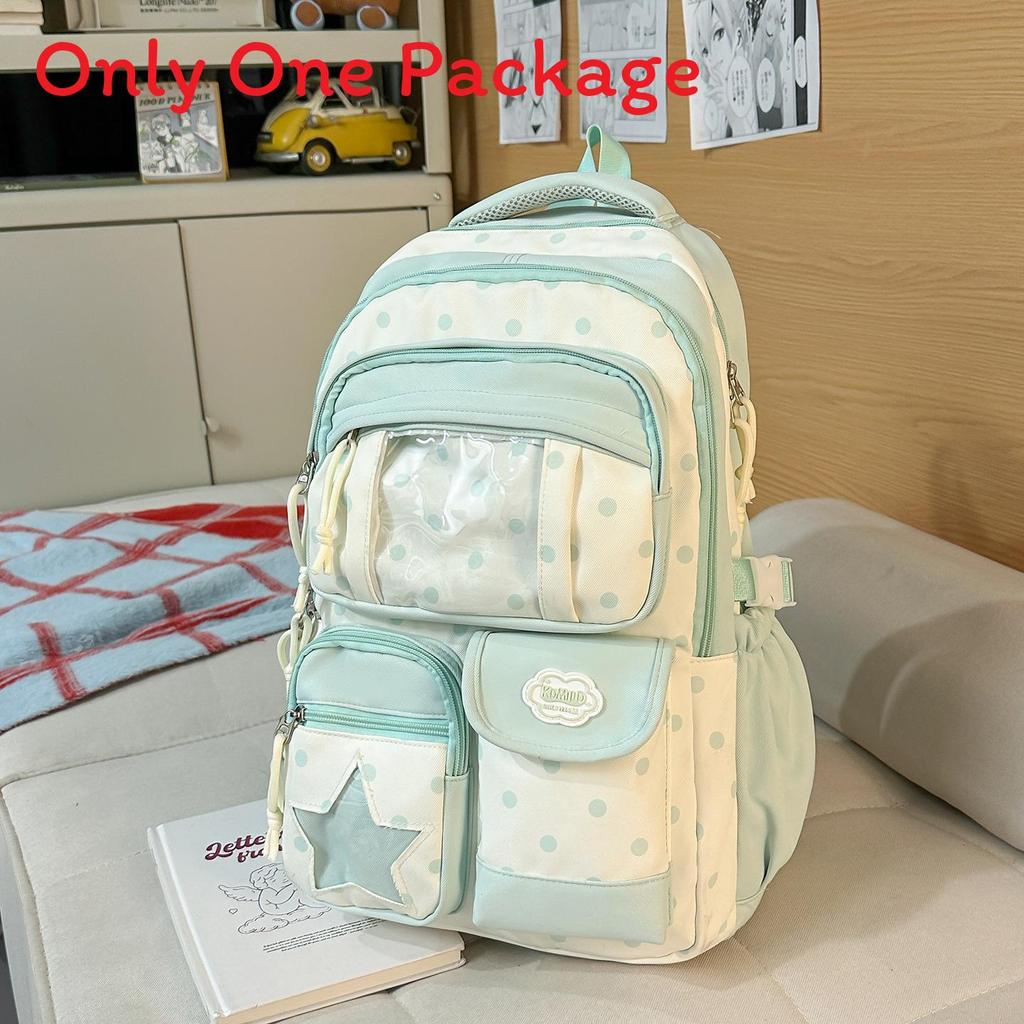 Nylon School Backpack For Girls With Polka Dot Pattern And Padded Shoulder Straps For Campus Use