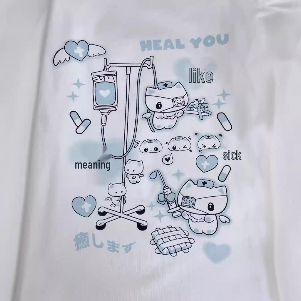 Y2K Millennial Einseitiges Hellblaues Bedrucktes T-Shirt mit Kätzchenstreifen - Damen Lockeres Oberteil