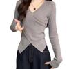 Korean Irregular V-Neck Long-Sleeve T-Shirt for Women, Autumn Petite, Sweet and Slimming Waist-Cinched Base Layer