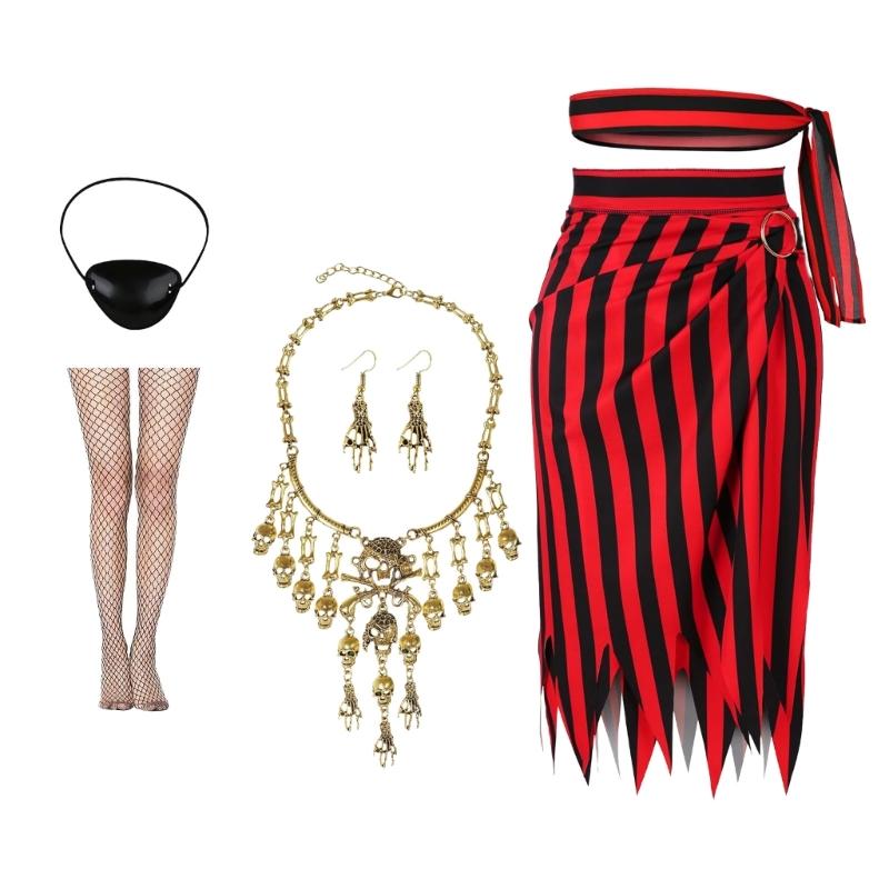 

Women s Pirate Costume Accessories Includes Dress Headscarf Necklace Stocking Eye Patches for Women Halloween Cosplay 1