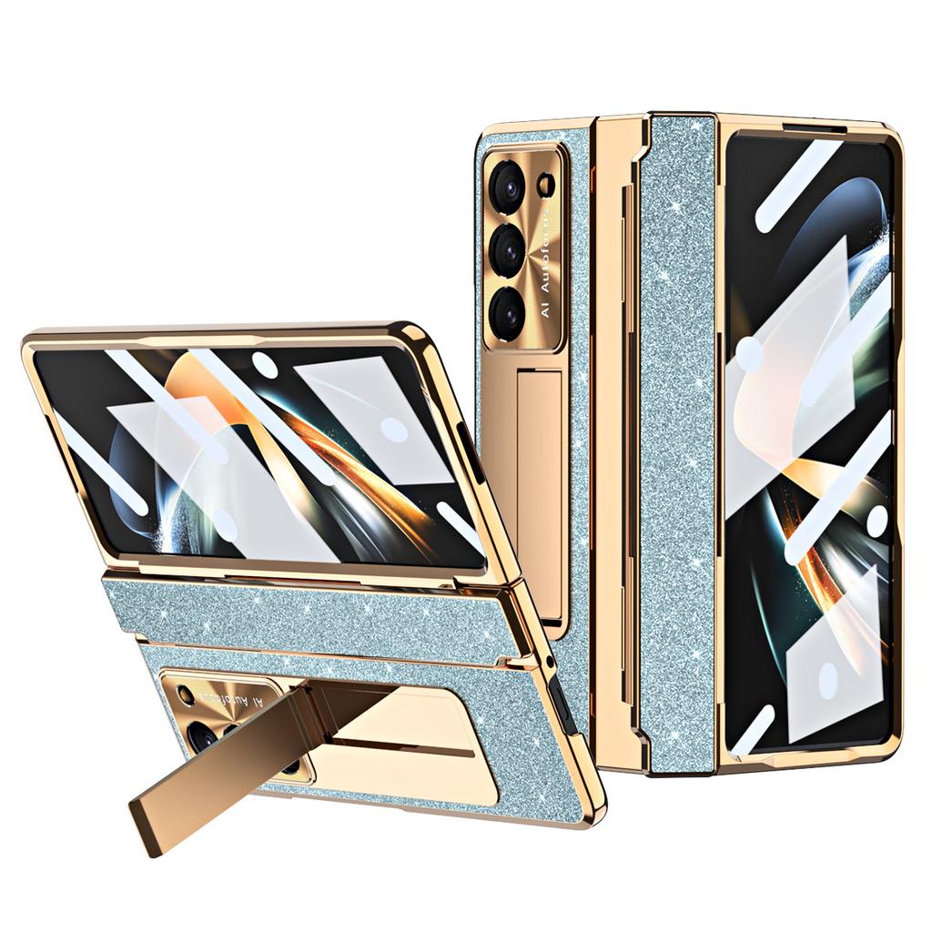 Luxury 5 PC Fold Cover for Samsung for Galaxy Z Fold 5 Full Glass Material Electroplated Film Phone Stand Included Phone Case