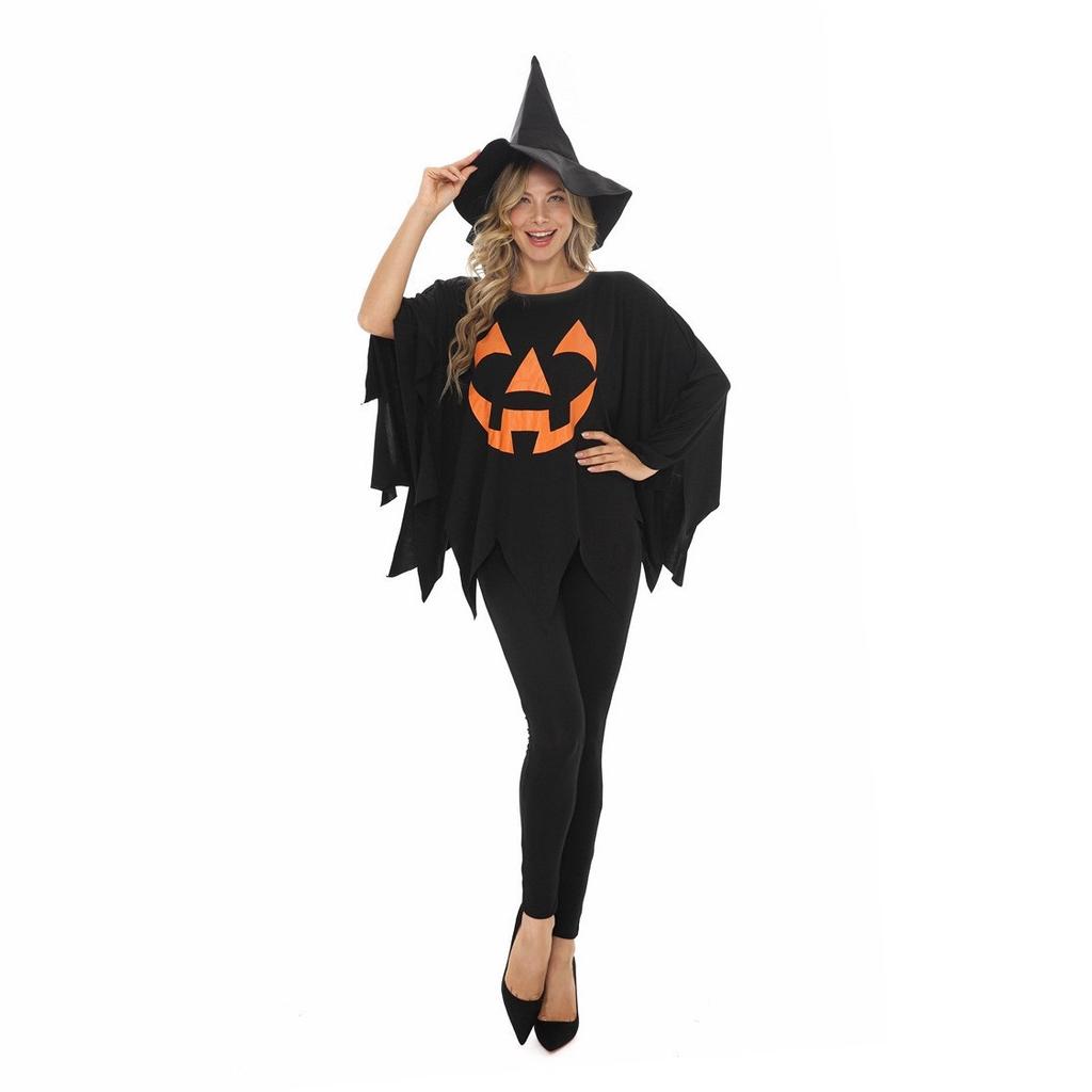 Halloween adult horror show costumes, jack-o-lantern witches, evil witches, star print dresses