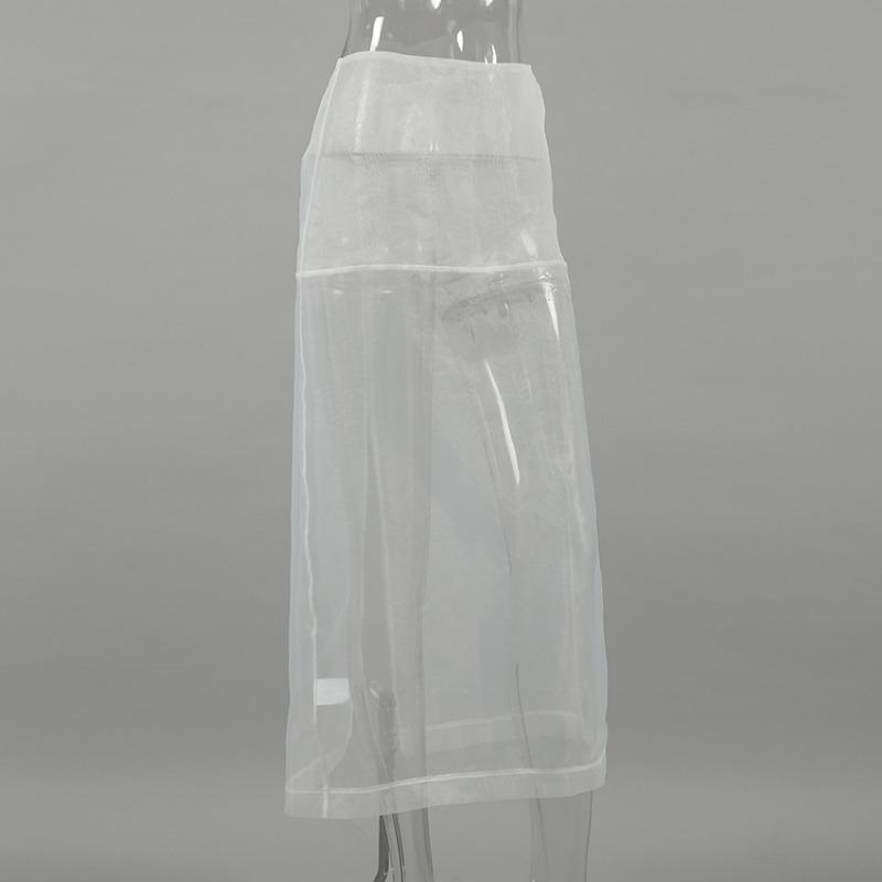 Fustă Sexy din Plasă Transparentă Femei Alb Talie Înaltă Fantă Largă Fuste Lungi Toamnă Modă de Stradă Club Petrecere Fustă Femeie