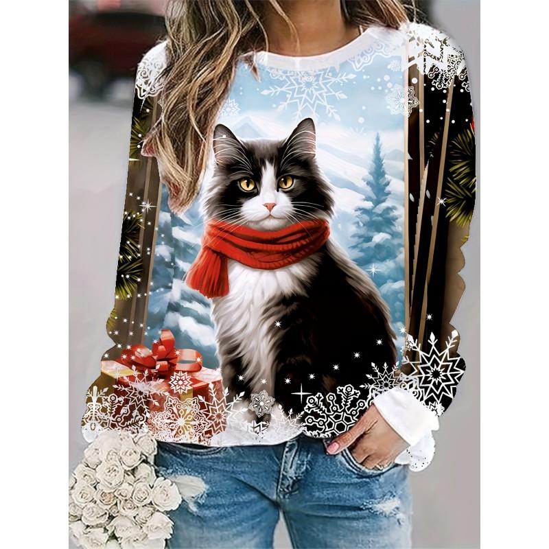 Womens Round Neck Pullover Sweatshirt With 3D Christmas Tree Print Casual Comfort Fit 2025