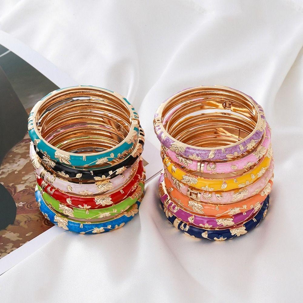 Leaf Floral Pattern Enamel Bangle Bracelet Colorful Drip Cloisonne Bracelet  Beach Vacation