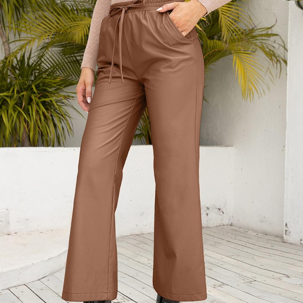 Women's High Waist Drawstring Flare Pants Loose Urban Casual Faux Leather Wide Leg Trousers