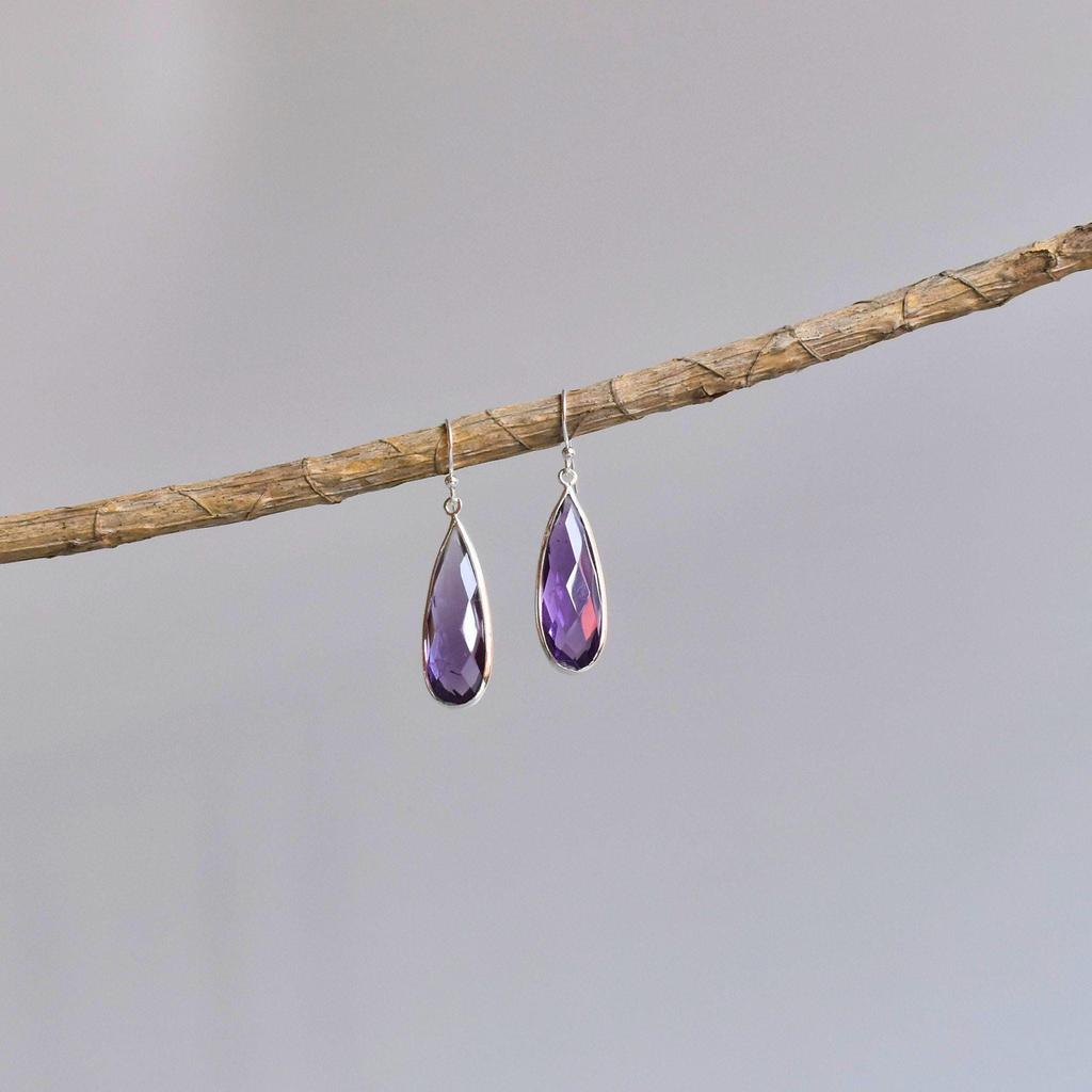 Natural Amethyst stylish Dangle , Sterling silver long earrings, Teardrop gemstone bohemian simple jewelry for Women, Unique cute gift ideas