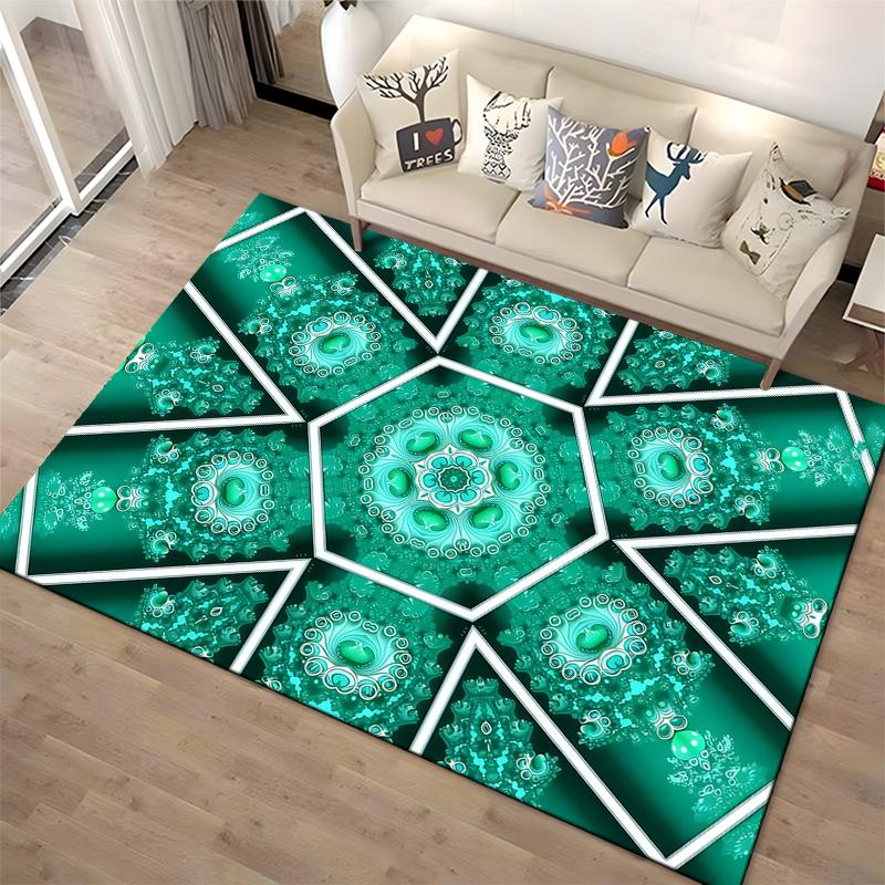 Geometric Mandala Pattern Green Carpet, Abstract Modern Style Rug Suitable for use as an anti-slip for living room bedroom sofas