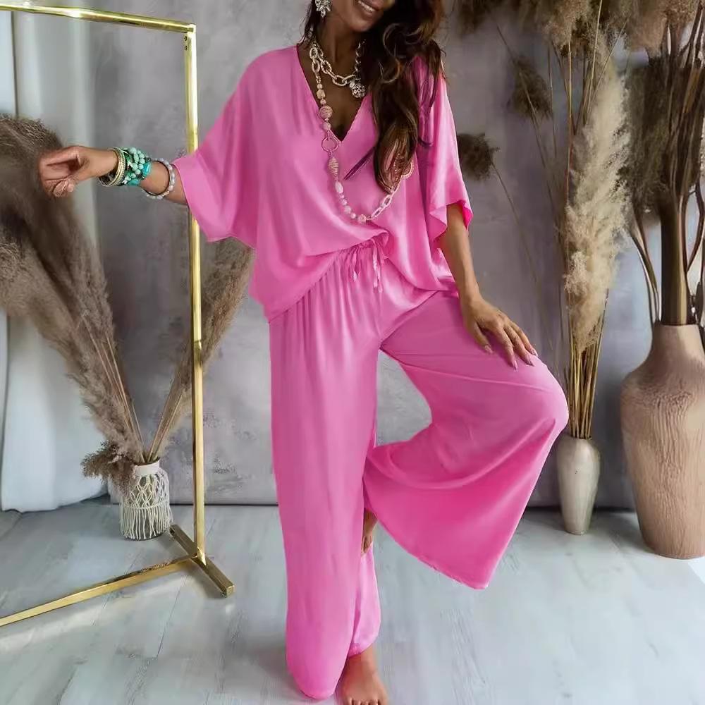 Long Pant Sets Summer Two Piece Set For Women V Neck Bat Sleeve Casual Loose Wide-leg Pants 2 Piece Set Solid Color Outfits