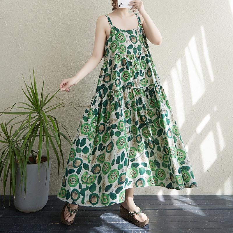 2025 Summer Sleeveless Cotton Linen Patchwork Maxi Dress