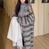 Autumn and Winter New Color Matching Striped Sweater Cardigan Women's Medium and Long Knitted Coat Lazy Loose Hooded Coat