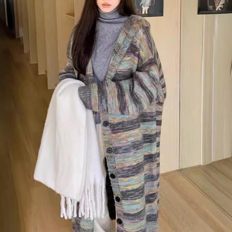 Autumn and Winter New Color Matching Striped Sweater Cardigan Women's Medium and Long Knitted Coat Lazy Loose Hooded Coat