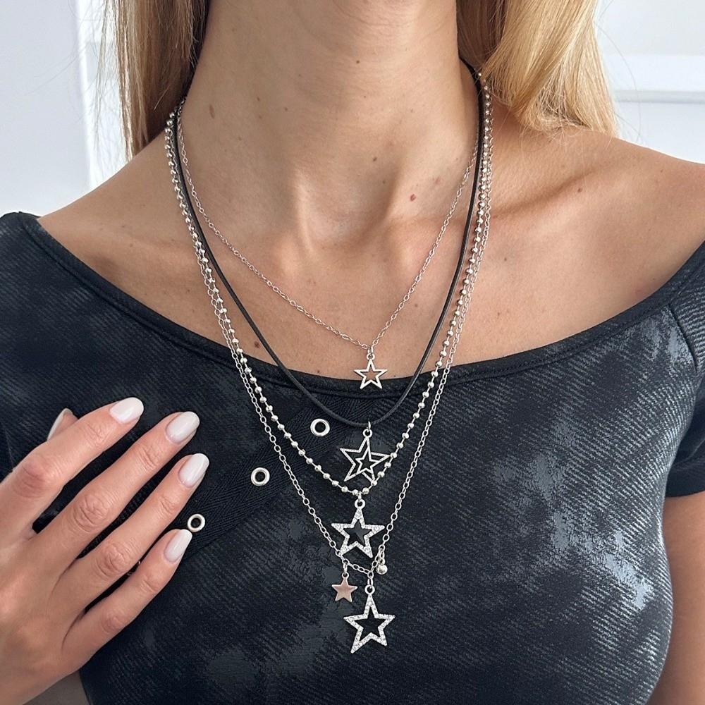 Hollow Out Star Pendant Necklace Punk Goth Y2K Metal Necklace Charm Beaded Necklace Girl