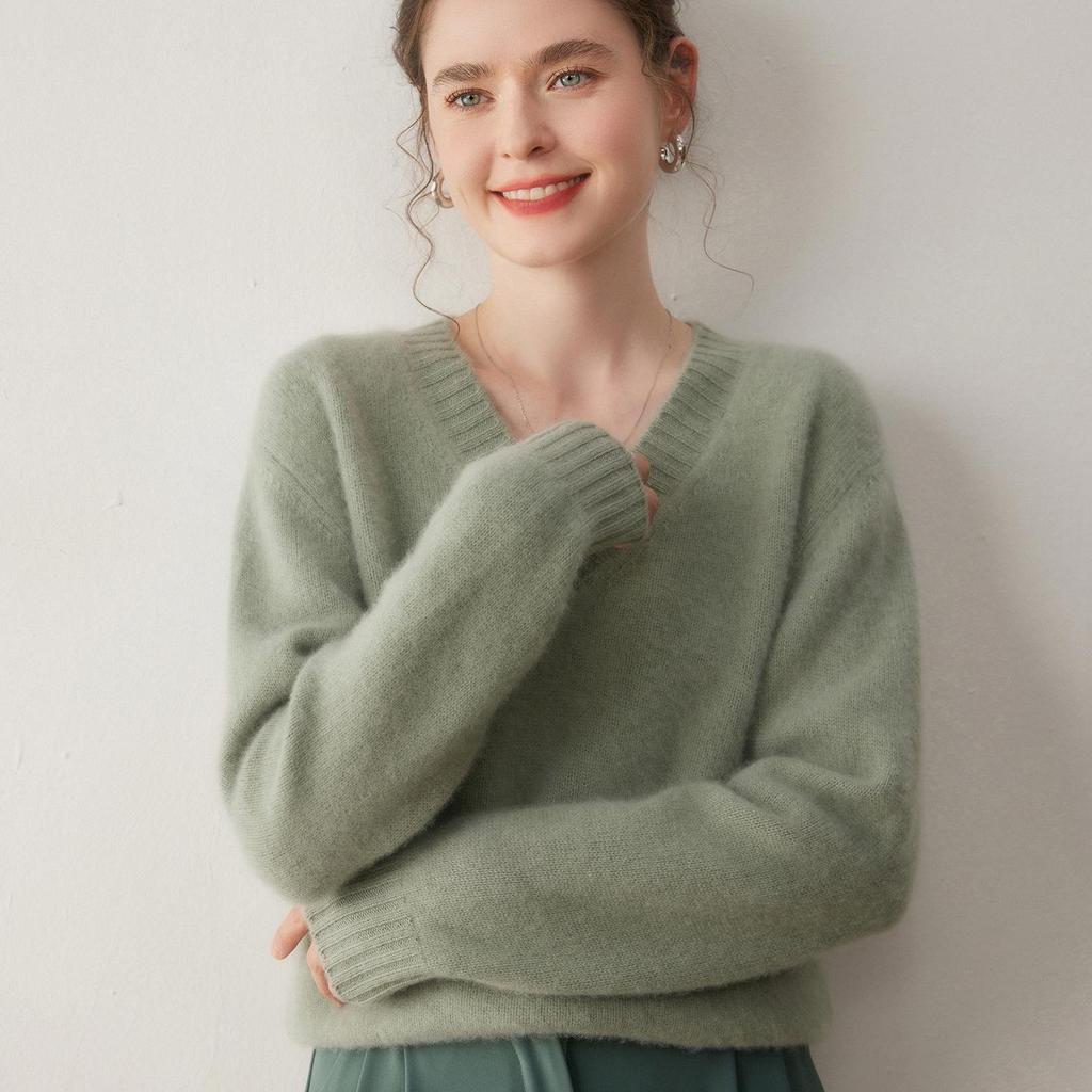 Women's Heavyweight Cashmere V-Neck Sweater - Autumn/Winter Loose Fit Pullover