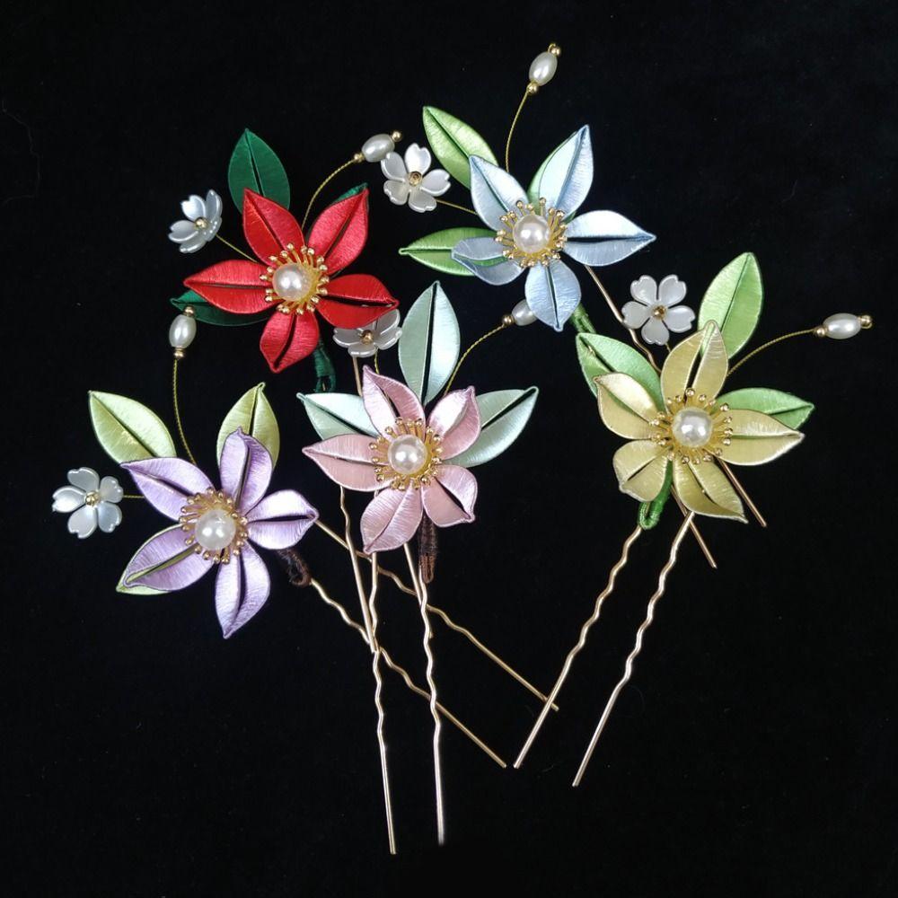 U Shape Chinese Style U-shaped Hair Stick Pearl Hanfu Headwear Velvet Flower Hair Clip  For Girl