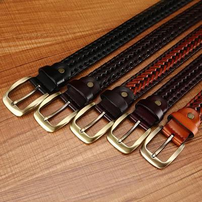 Handmade Woven Leather Belt with Alloy Buckle - Unisex Casual Fashion for Jeans