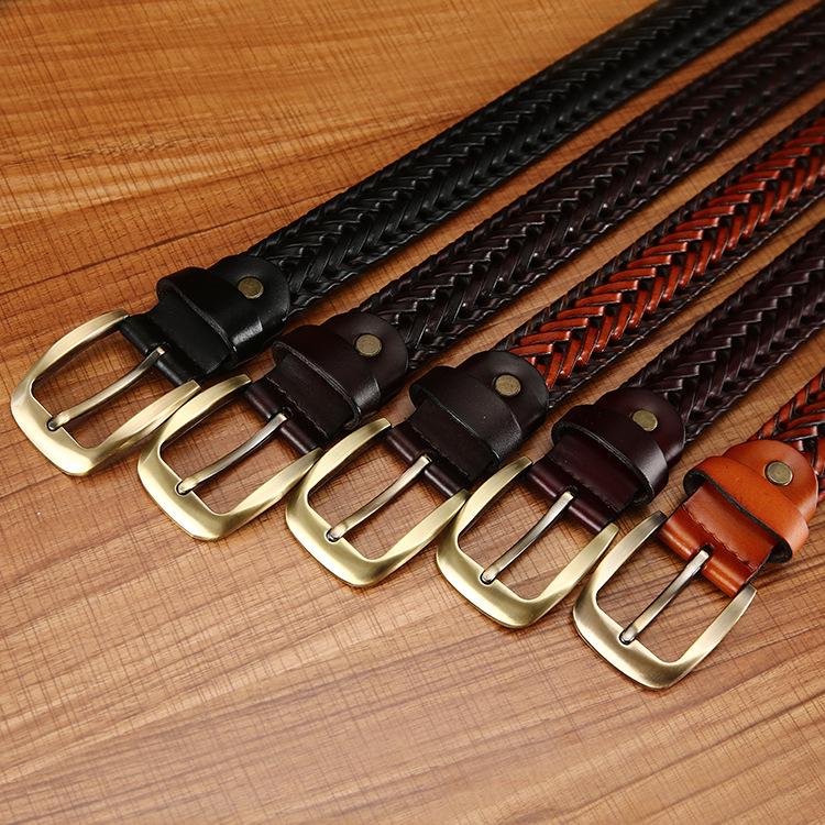 Handmade Woven Leather Belt with Alloy Buckle - Unisex Casual Fashion for Jeans