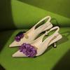 Fashion Flower Suede Pointed Toe Pumps Sandals for Women Retro Elegant High Heels Woman Fashion Designer Slingback Dress Shoes Ladies