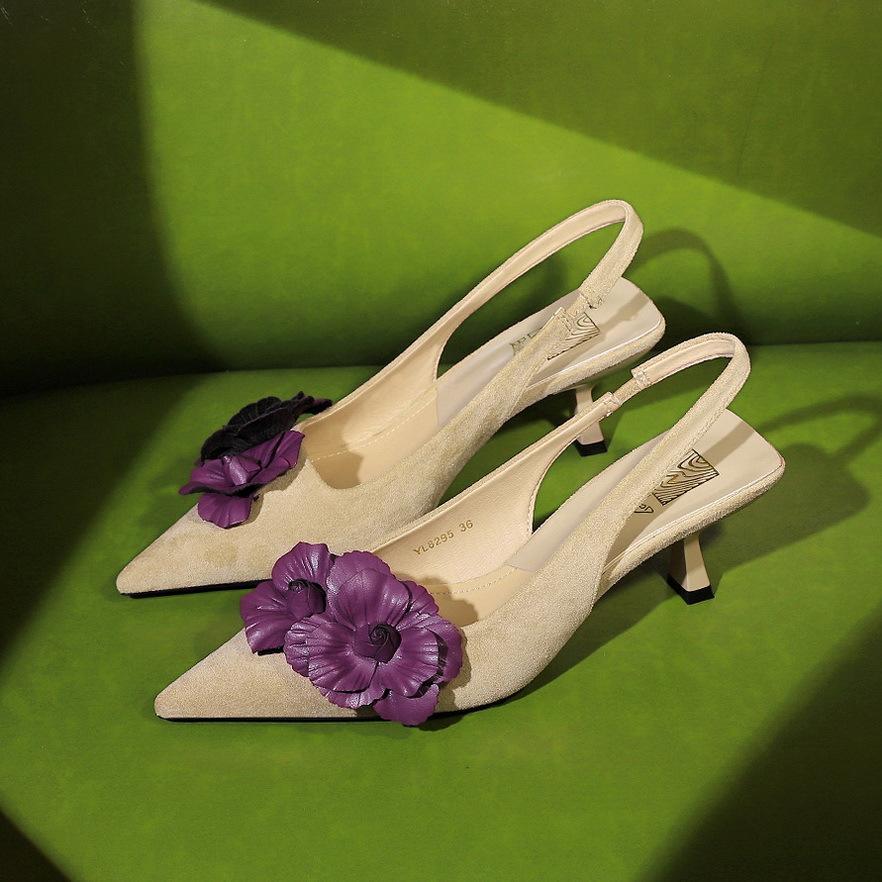 Fashion Flower Suede Pointed Toe Pumps Sandals for Women Retro Elegant High Heels Woman Fashion Designer Slingback Dress Shoes Ladies