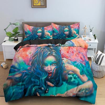 Beautiful Girl Duvet Cover Set Watercolour Style Romantic Theme Comforter Cover King Size for Couple Girl Polyester Bedding Set