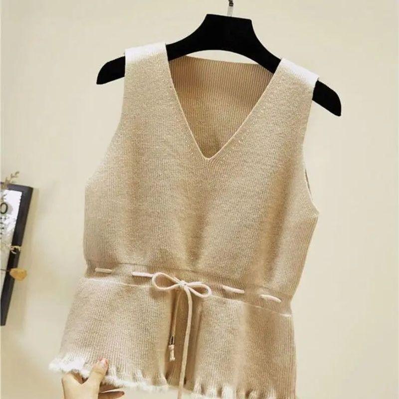 

Loose V-neck Sleeveless Sweater Vest Casual Loose V-neck Sleeveless Sweater Vest Apricot-tie S