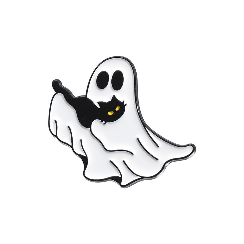 White Ghost With Cat Enamel Pins Spooky Pumpkin Skull Boo Kitten Halloween Brooches Lapel Badge Jewelry Gifts for Friends