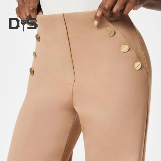 Women Pants Elastic High Waist Straight Wide Leg Pants with Pockets Buttons Decor Solid Color Slim-Fitting Tummy Control Work Trousers