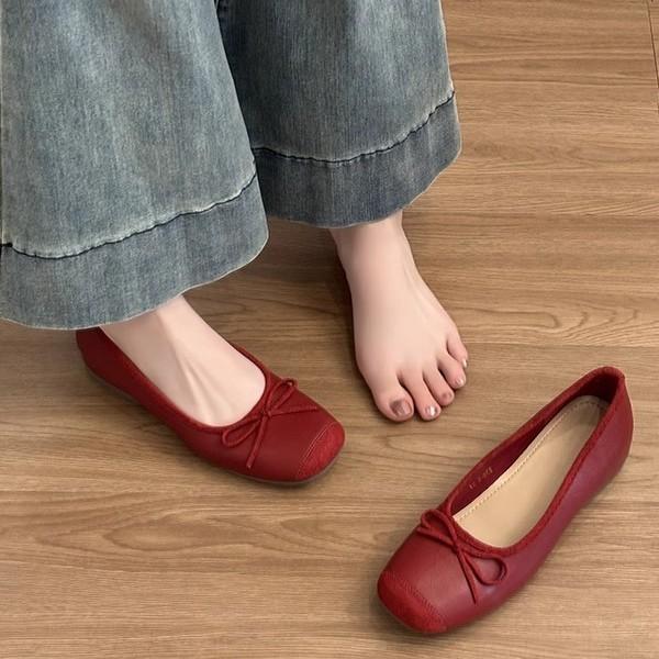 Schafslederversion~ Leder Französische kleine Innenhöhenerhöhung Ballett Einzelschuhe Damen Retro Schleife Ein Pedal Einzelschuhe