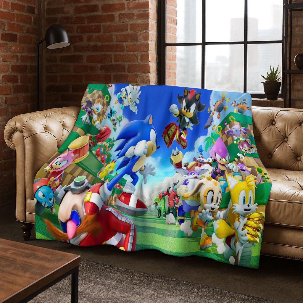 3D S-Sonic Cartoon Hedgehog Game Flannel Blanket Soft Warm Throw Blanket for Bed Bedroom Living Room Travel Picnic Gift Kids
