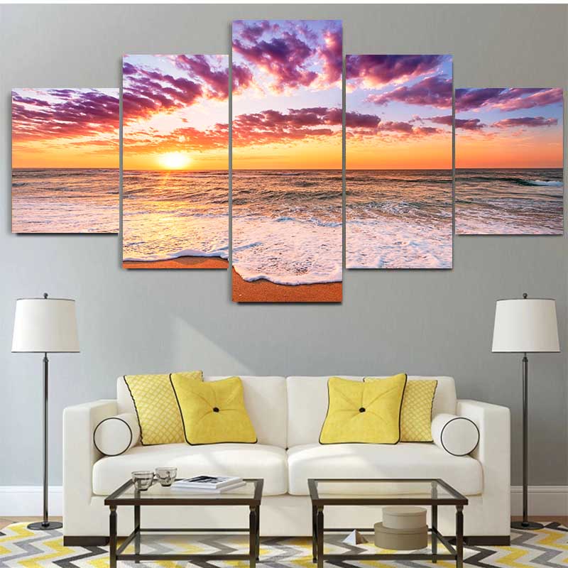 5 Pieces Natural Blue Beach Sunset Landscape Canvas Painting Seascape Posters And Prints Wall Art Pictures Home Decor No Frame