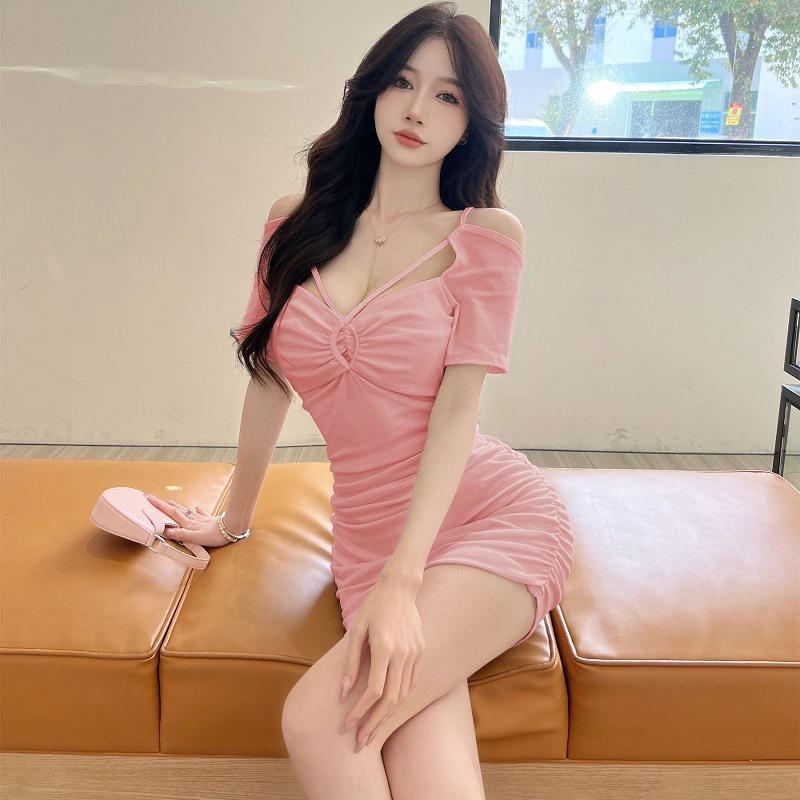 Women's clothing  new niche design sense one-word shoulder short sleeves slim-fitting sexy and thin pure desire wind off-the-shoulder dress