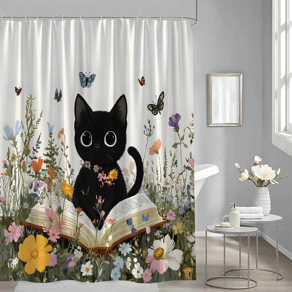 Cute Cat Shower Curtain Boho Floral Wildflowers Garden Flowers Colorful Spring Plant Botanical Cartoon Watercolor Funny Animal