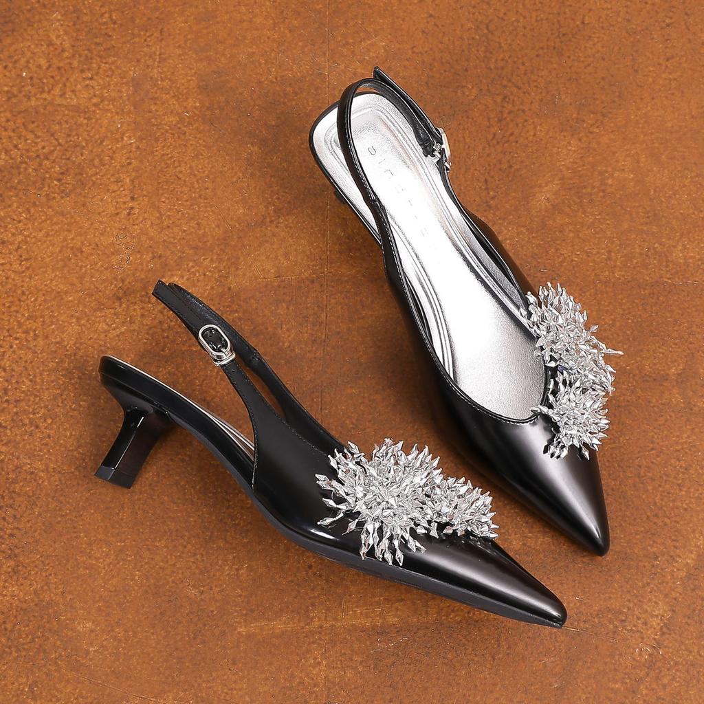 59003 High-heeled Slippers Women's Thick Heels Summer 2025 New Bag Head Half Slippers Rhinestone Pointed Shallow Mouth Single Shoes