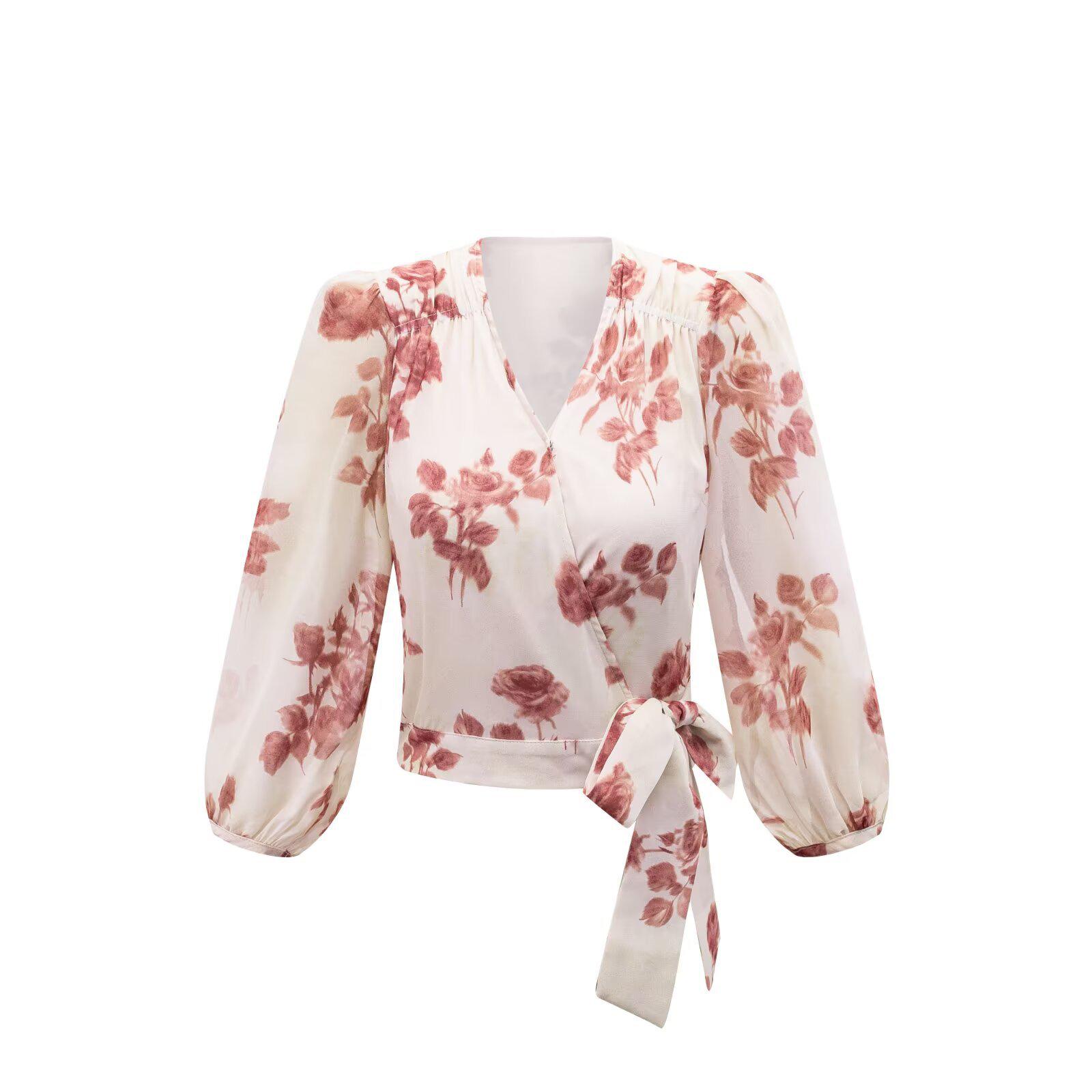 25 Styles LF26221: Women s Summer V-Neck Tie-Up Printed Shirt Large