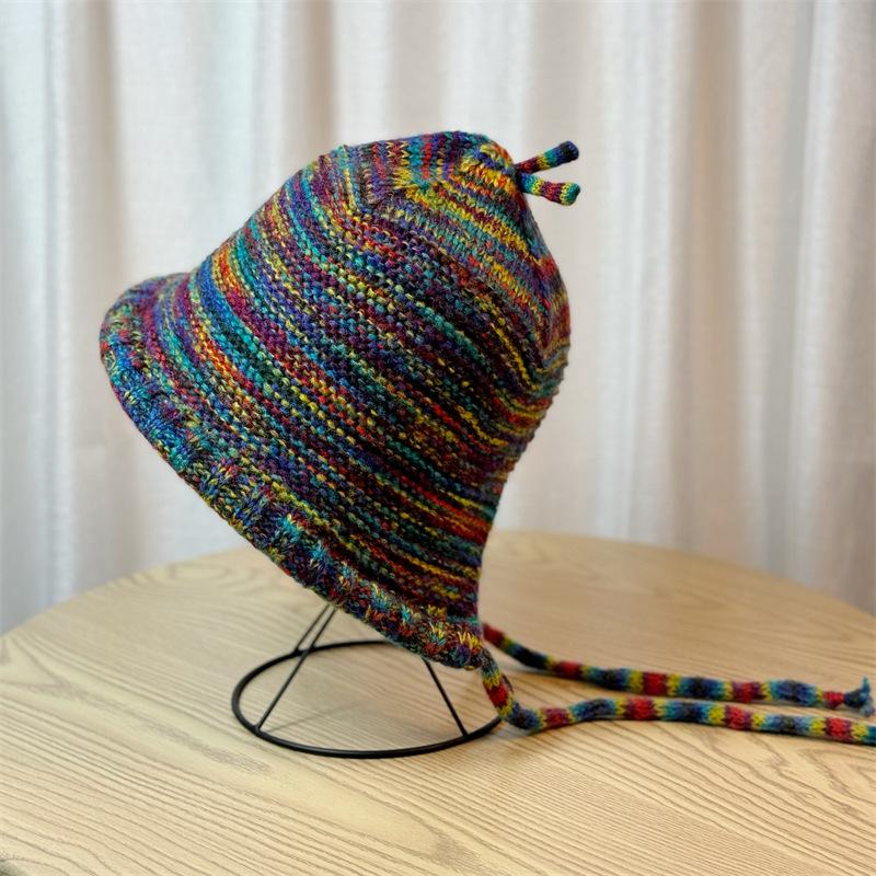 Rainbow Gradient Wool Hat Women's Autumn and Winter Style Face Revealing Small Baotou Hat Ethnic Style Warm Knitted Hat Lei Feng Hat