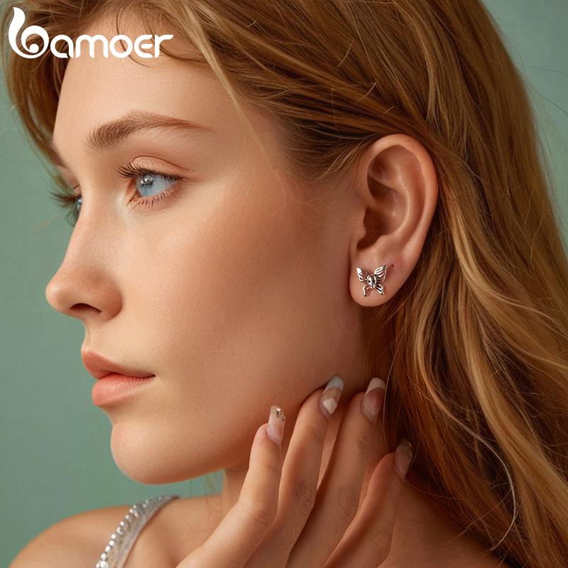 Bamoer Solid 925 Sterling Silver Halloween Skull Butterfly Earrings for Women Hypoallergenic Stud Earrings Birthday Jewelry Gift