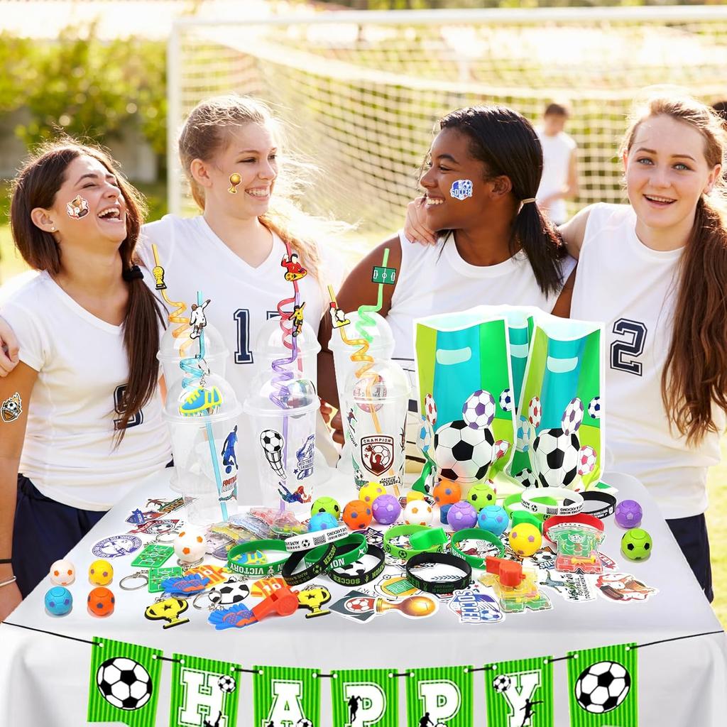 166 Pcs Soccer Party Favors for 12 People Party Supplies with Cup Straw Stress Ball Keychain Sticker Silicone Wristbands Whistle Goodie Bags for Kids
