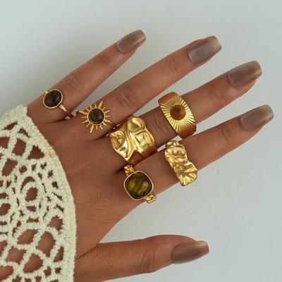 6pcs Set Trendy Retro Maillard Tiger Eye Stone Gold Color Irregular Liquid Metal Opening Ring for Women Personality Jewelry Sets
