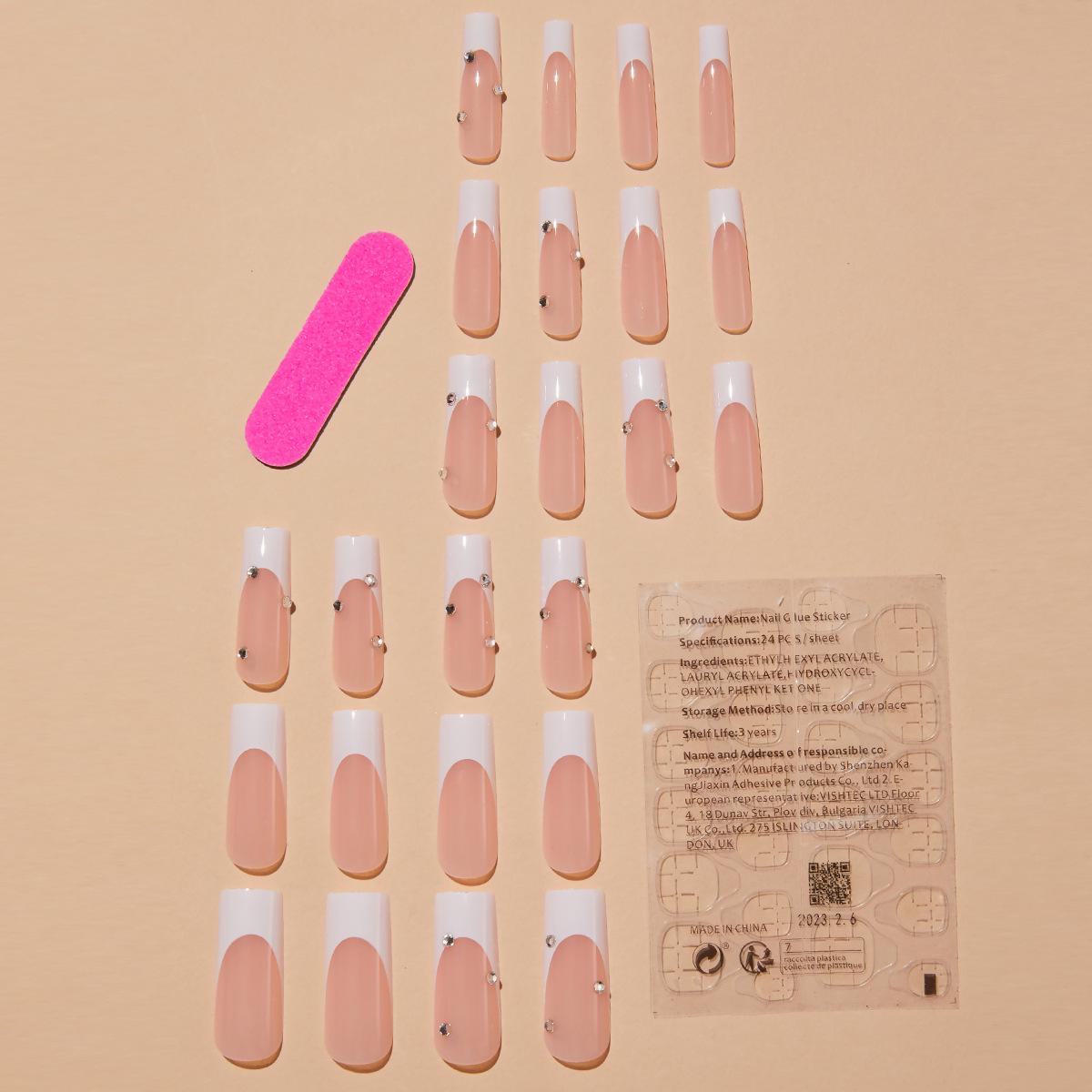 

Европейский и американский экстрадлинный белый французский маникюр с прямоугольными накладными ногтями со стразами