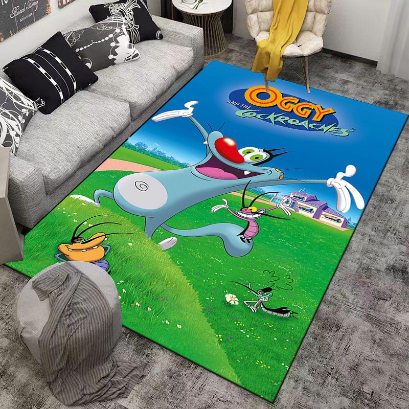 Oggy and the Cockroaches Cat House Cartoon Poster retro poster style floor mat decorative accent, anime manga fan art rug for bedroom gaming space