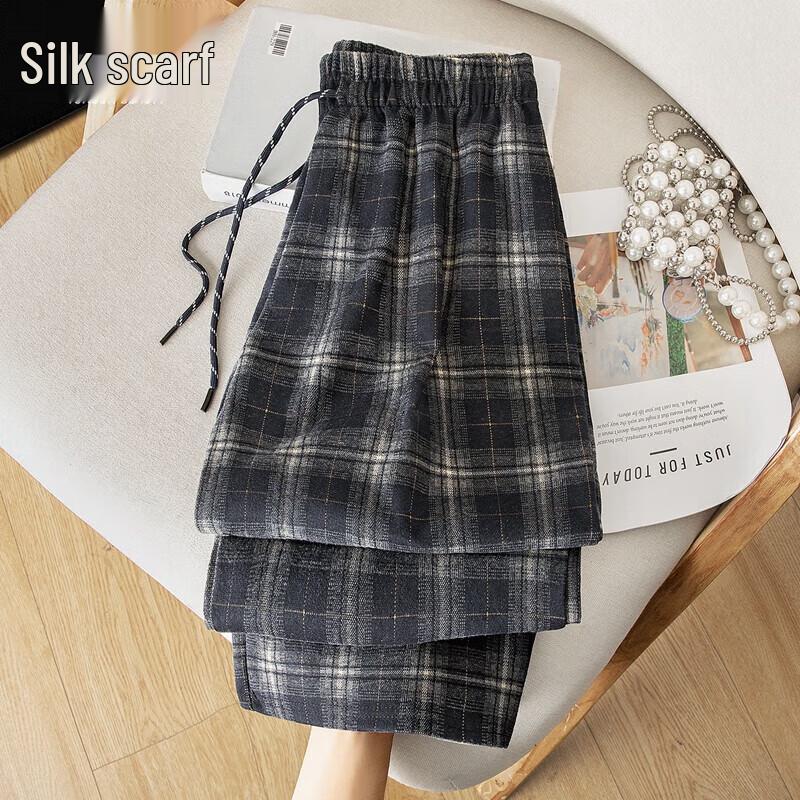 

Women s Plaid Elastic Waist Loose Drape Drawstring Casual Pants S