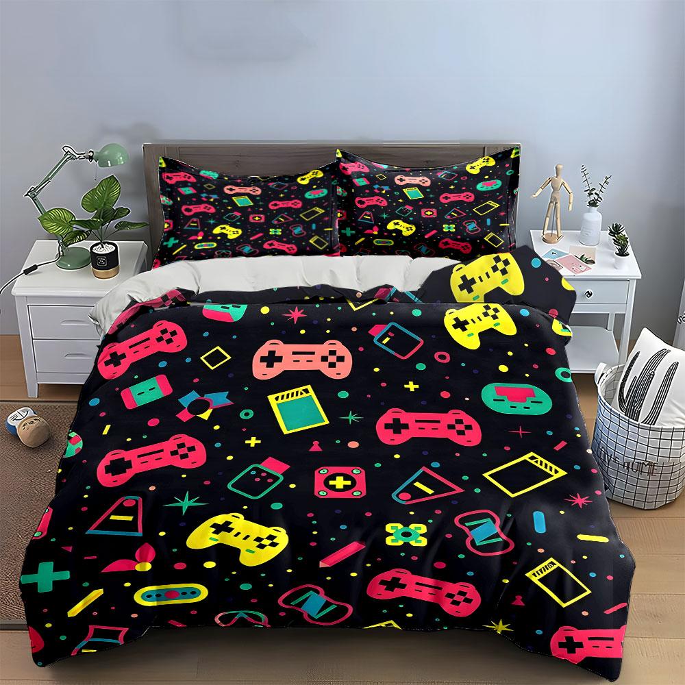 Colorful Gaming Icons Pattern Design Exquisite Three-Piece Bedding Set Gift For Kids And Adults