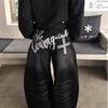 Womens Black Retro Straight Leg Denim Pants Loose Fit High Street Style Fall Wide Jeans