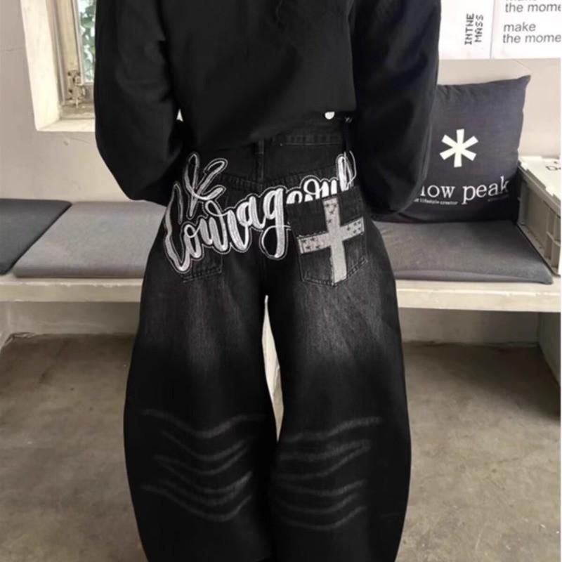 Womens Black Retro Straight Leg Denim Pants Loose Fit High Street Style Fall Wide Jeans