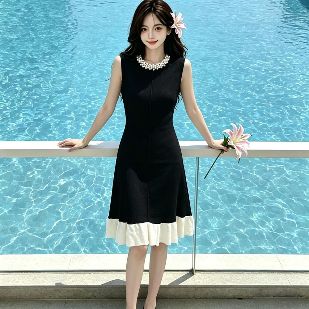 Spring Summer Beaded Knitted Mini Dress for Women Fashion Sleeveless Slimming Ruffle-Trimmed Sweater Dress