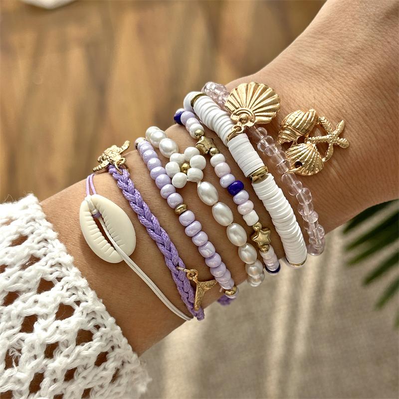 Imitation Pearl Starfish Shell Polymer Clay Braided Bracelet Personality Stacking Jewelry Beach Vacation Style Gift